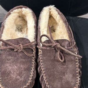 UGG Men's Brown Suede Moccasin Slippers with Cream Shearling
